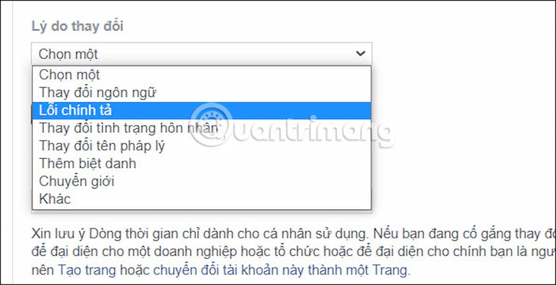 Lỗi chính tả do hiện tại tên Facebook