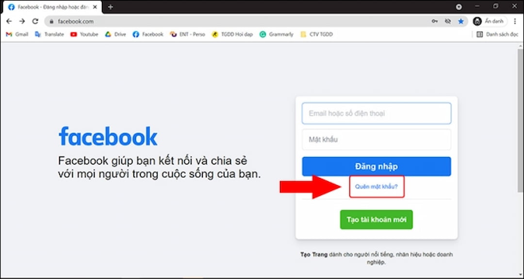 Đăng nhập vào Facebook và chọn Quên mật khẩu